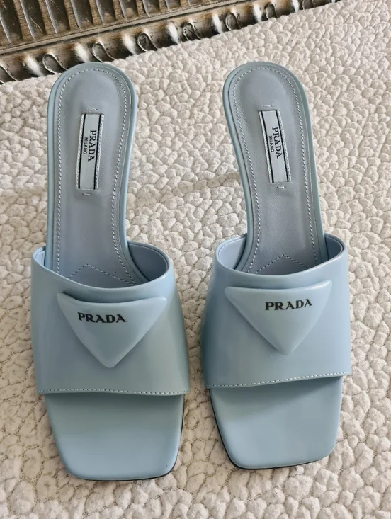 PRADA Burnished Leather Heeled Slide Sandals In Celeste EU 37.5 US 7.5 Org $1295 - Picture 8 of 16